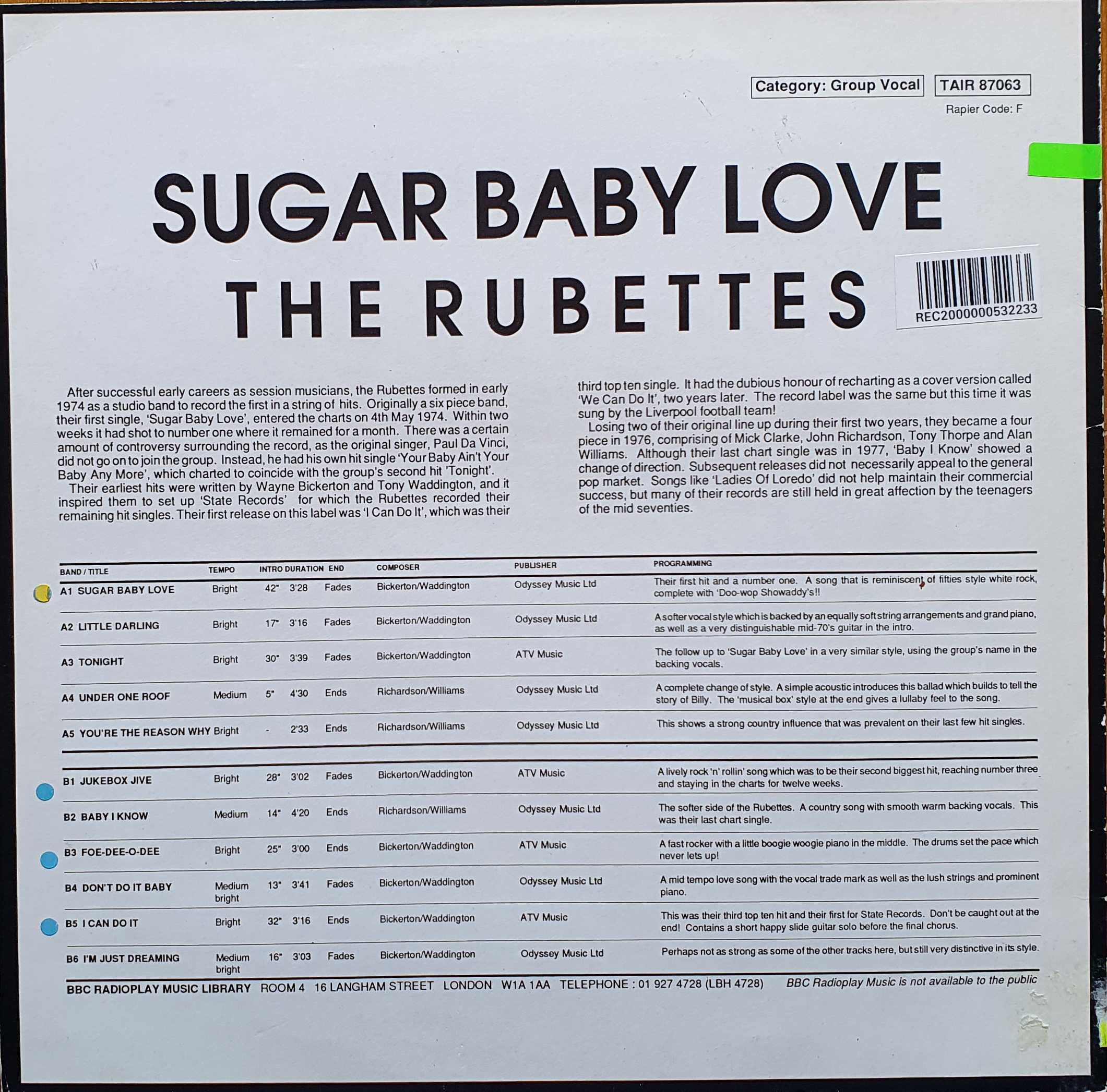 Picture of TAIR 87063 Sugar baby love by artist The Rubettes from the BBC records and Tapes library